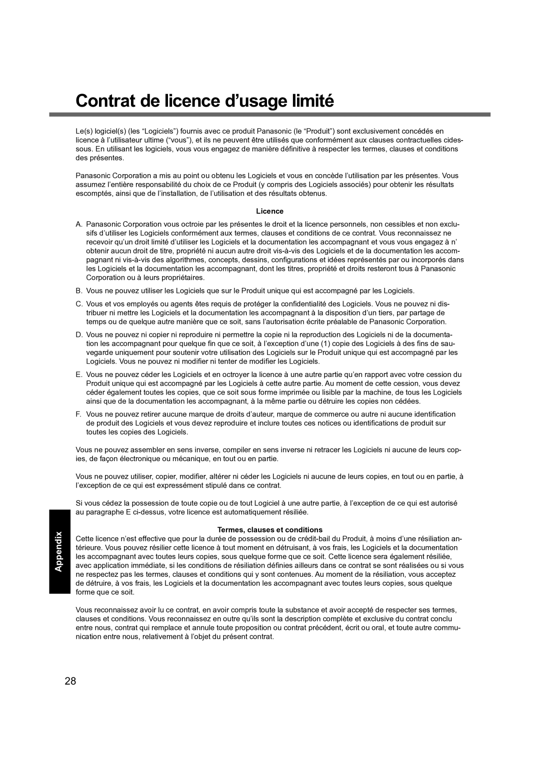 Panasonic CF-31 appendix Contrat de licence d’usage limité, Licence, Termes, clauses et conditions 