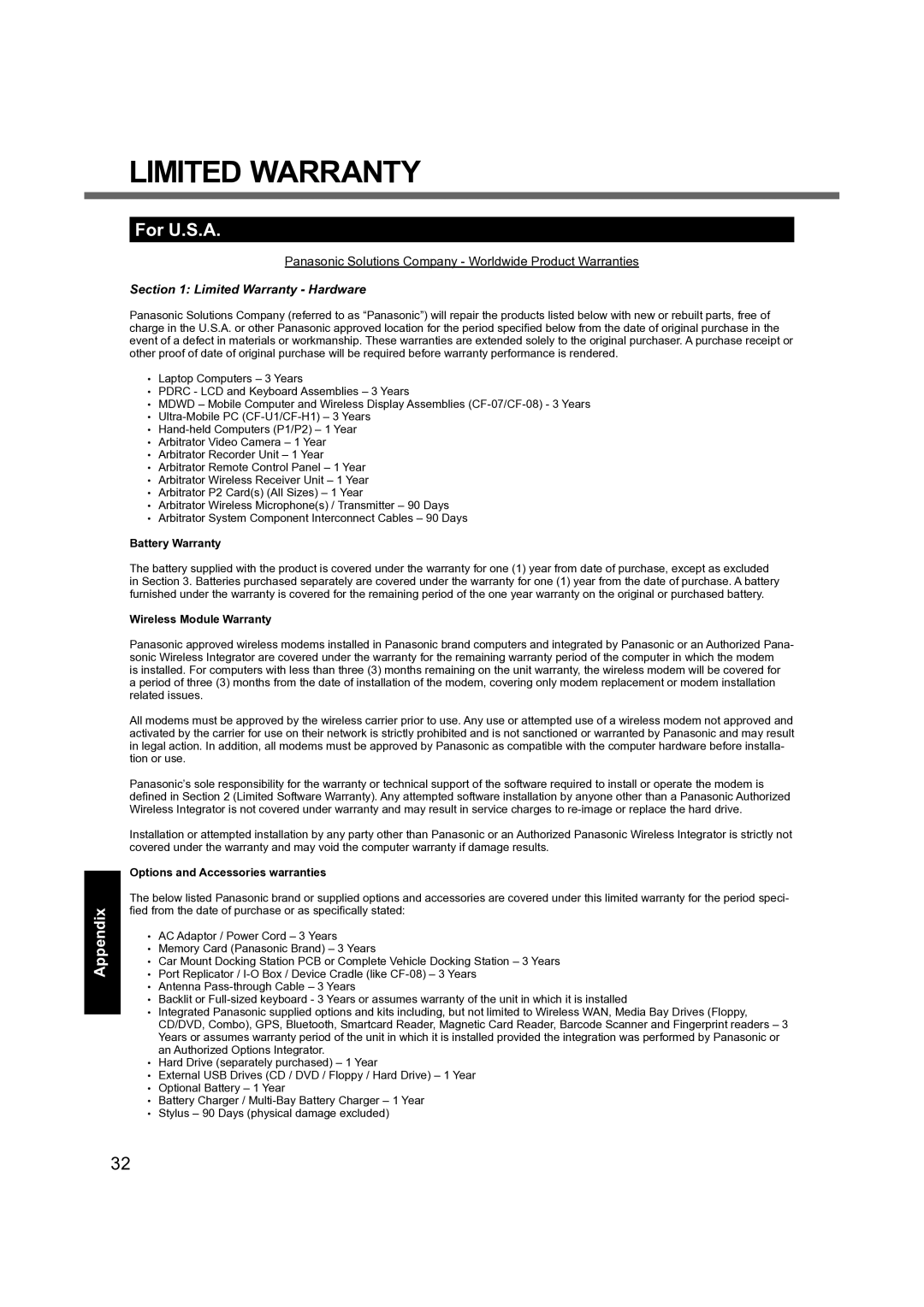 Panasonic CF-31 appendix For U.S.A, Battery Warranty, Wireless Module Warranty, Options and Accessories warranties 