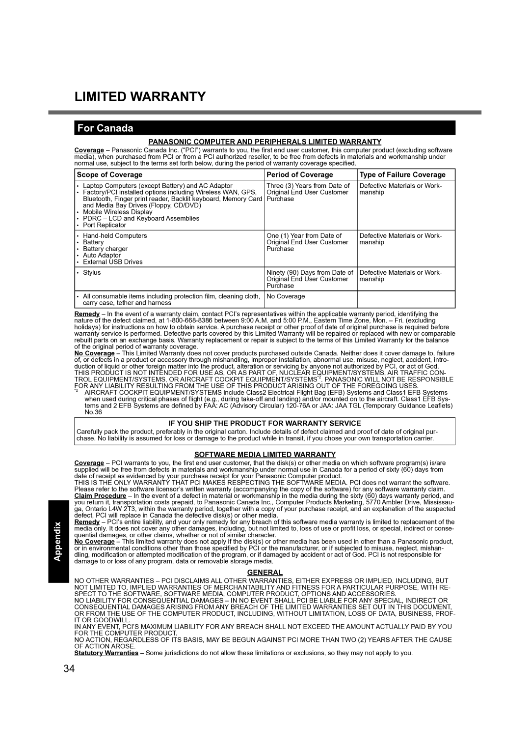 Panasonic CF-31 appendix Limited Warranty, For Canada 