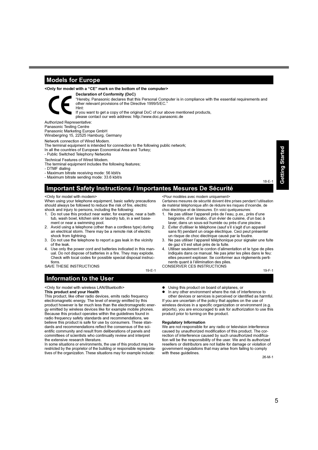 Panasonic CF-31 appendix Models for Europe, Information to the User, This product and your Health, Regulatory Information 