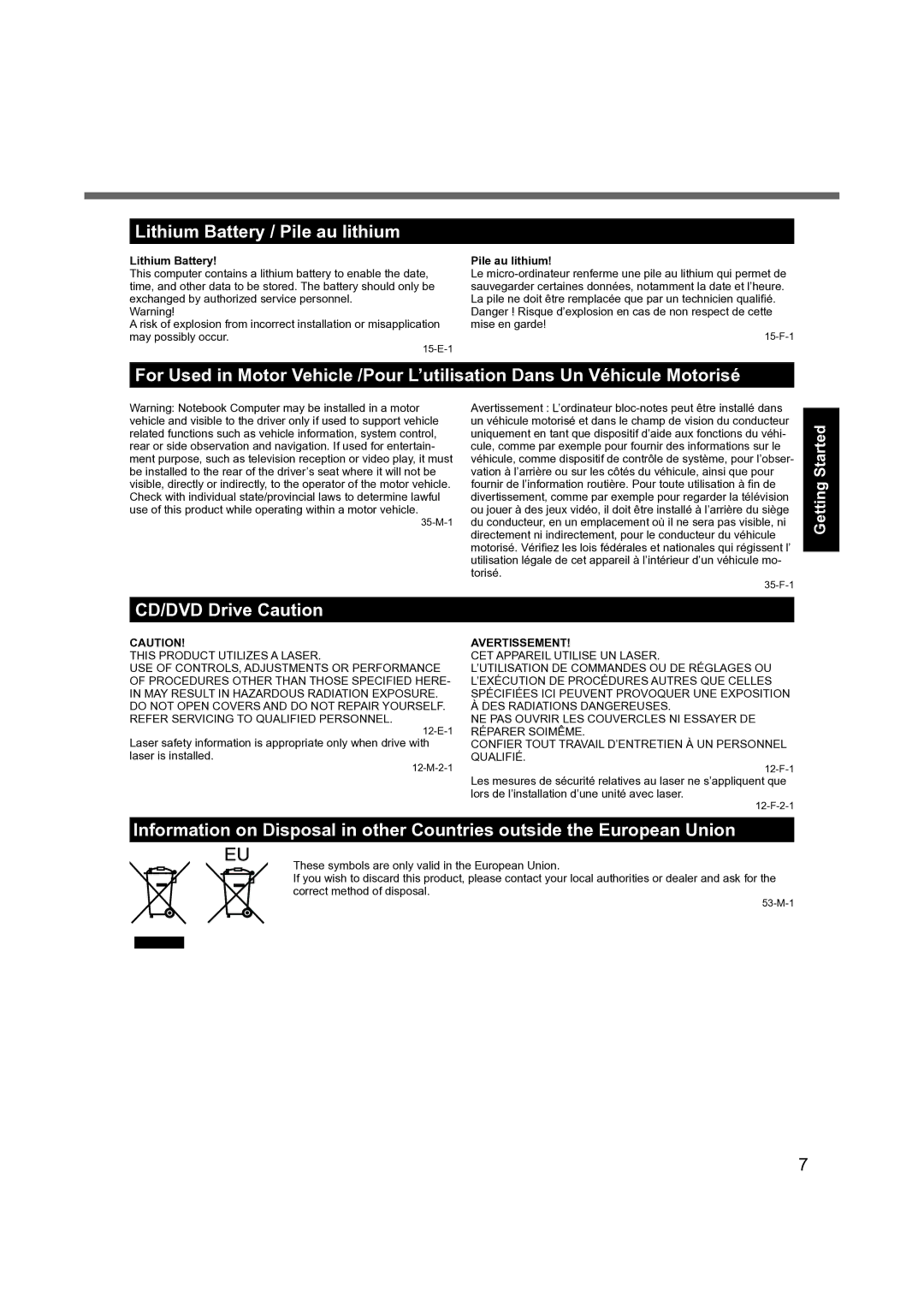 Panasonic CF-31 appendix Lithium Battery / Pile au lithium, CD/DVD Drive Caution 