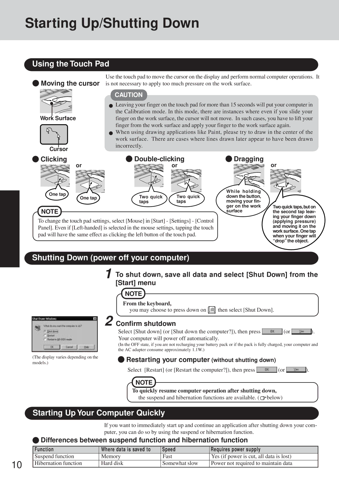 Panasonic CF-35 Starting Up/Shutting Down, Using the Touch Pad, Shutting Down power off your computer 