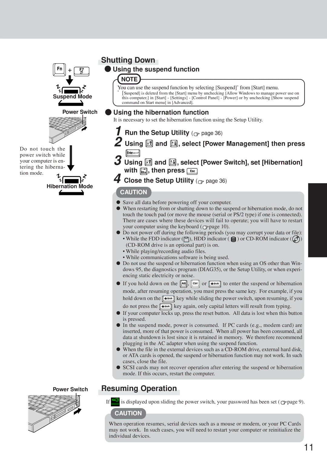 Panasonic CF-35 Shutting Down, Resuming Operation, Using the suspend function, Using the hibernation function 