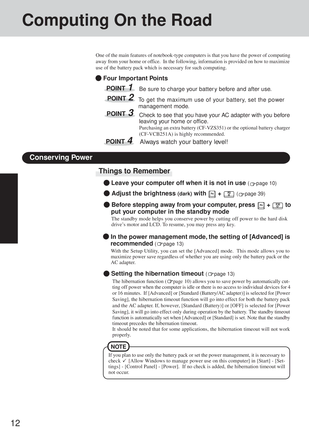 Panasonic CF-35 operating instructions Computing On the Road, Conserving Power, Things to Remember, Four Important Points 