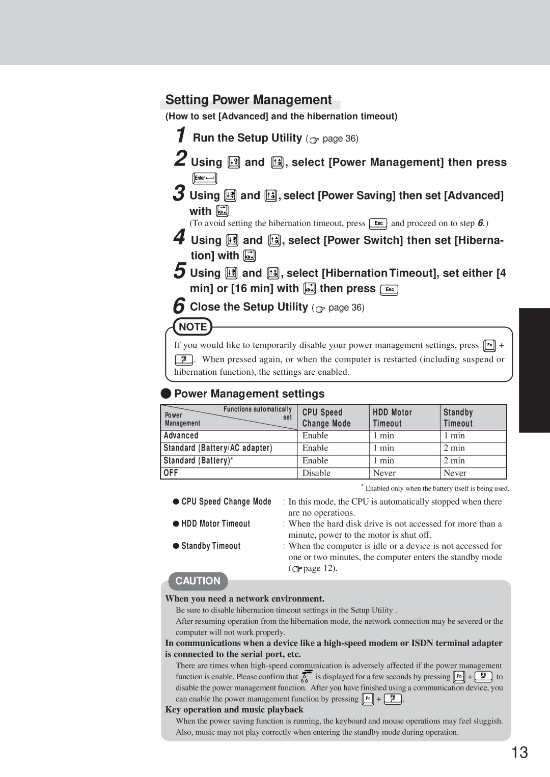 Panasonic CF-35 operating instructions Setting Power Management, Power Management settings 