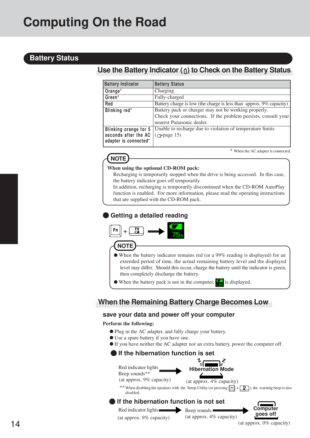 Panasonic CF-35 operating instructions Computing On the Road, Use the Battery Indicator to Check on the Battery Status 