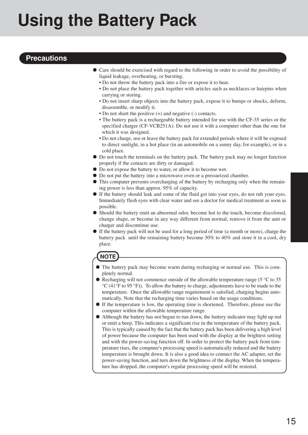 Panasonic CF-35 operating instructions Using the Battery Pack, Precautions 