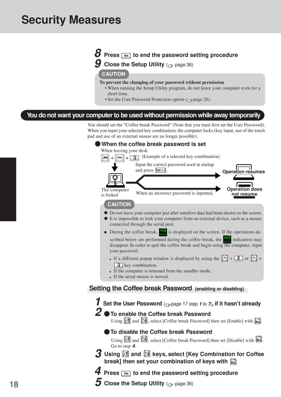 Panasonic CF-35 operating instructions Security Measures, Setting the Coffee break Password enabling or disabling 