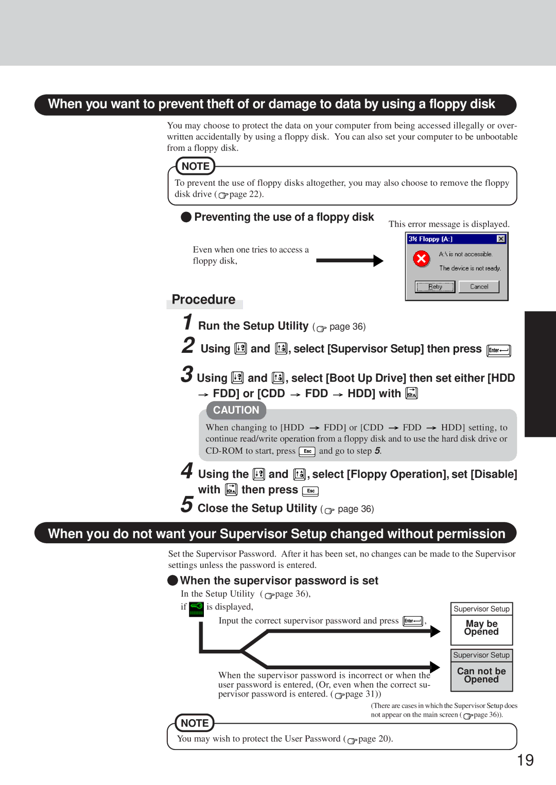 Panasonic CF-35 Procedure, Preventing the use of a floppy disk, When the supervisor password is set, May be Opened 