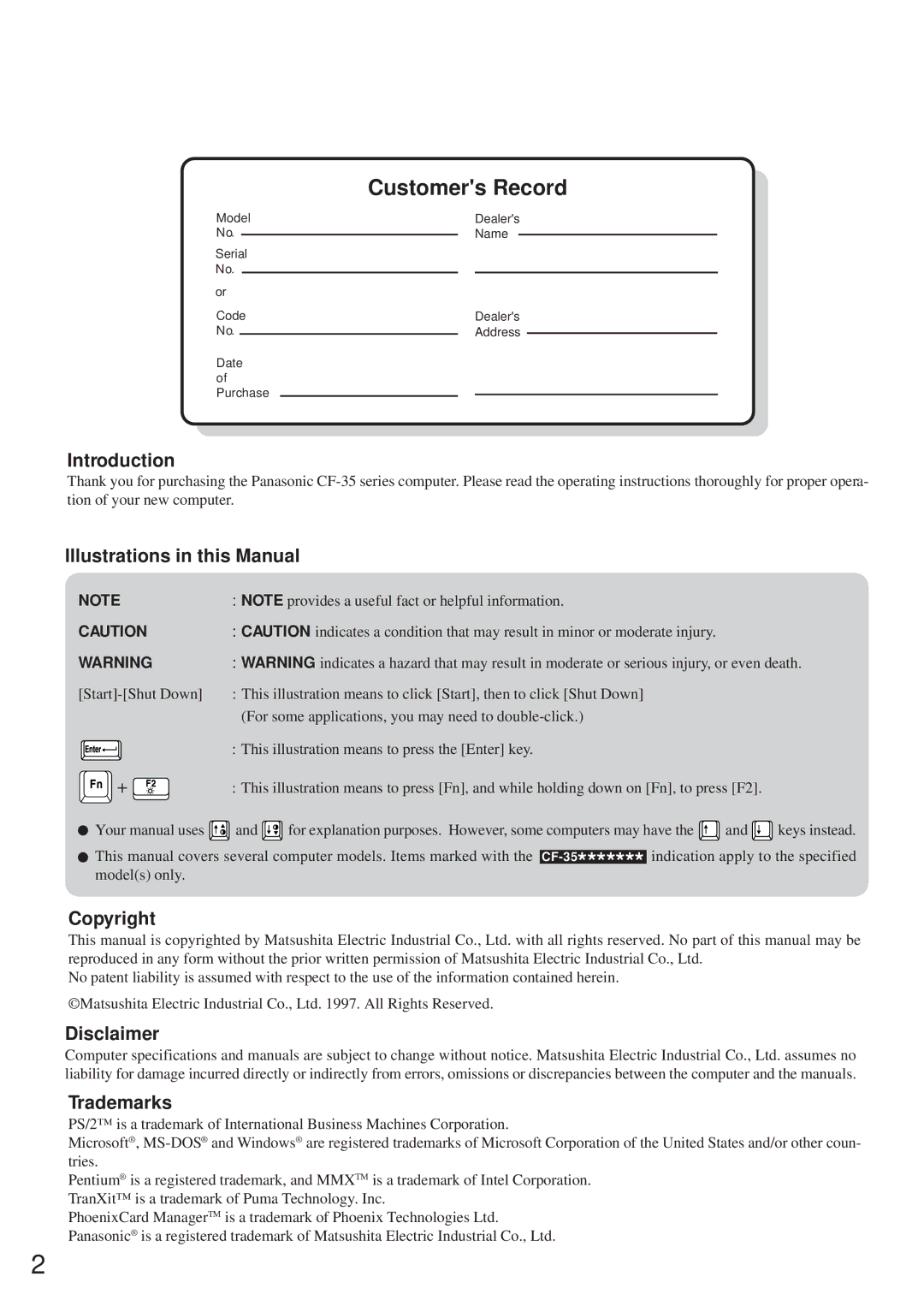 Panasonic CF-35 Customers Record, Introduction, Illustrations in this Manual, Copyright, Disclaimer Trademarks 