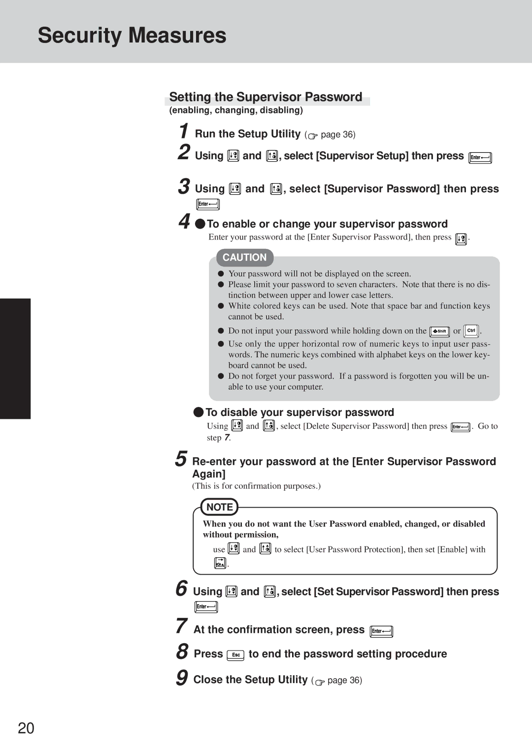 Panasonic CF-35 Setting the Supervisor Password, To disable your supervisor password, Enabling, changing, disabling 