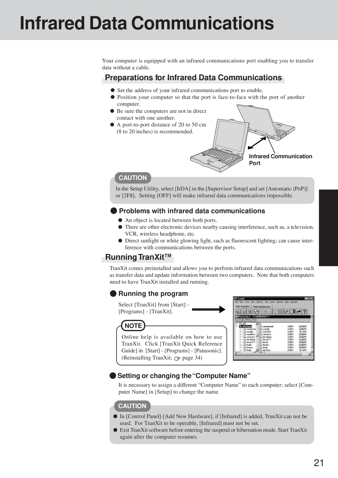 Panasonic CF-35 operating instructions Preparations for Infrared Data Communications, Running TranXitTM 