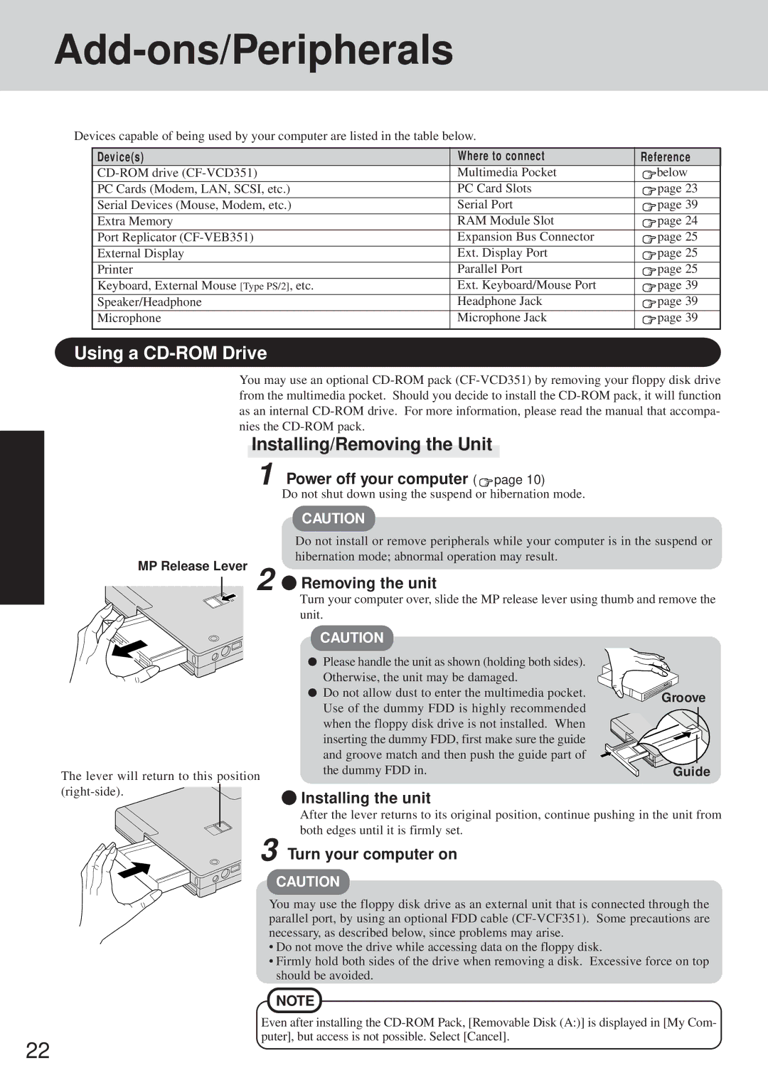 Panasonic CF-35 Add-ons/Peripherals, Using a CD-ROM Drive, Installing/Removing the Unit, Installing the unit 