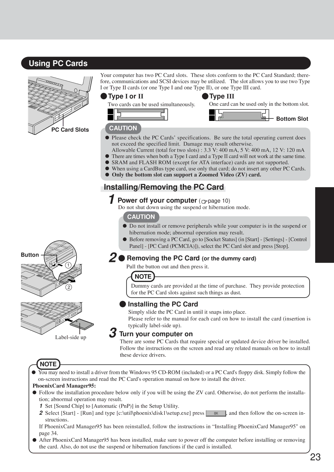 Panasonic CF-35 Using PC Cards, Installing/Removing the PC Card, Type I or, Removing the PC Card or the dummy card 