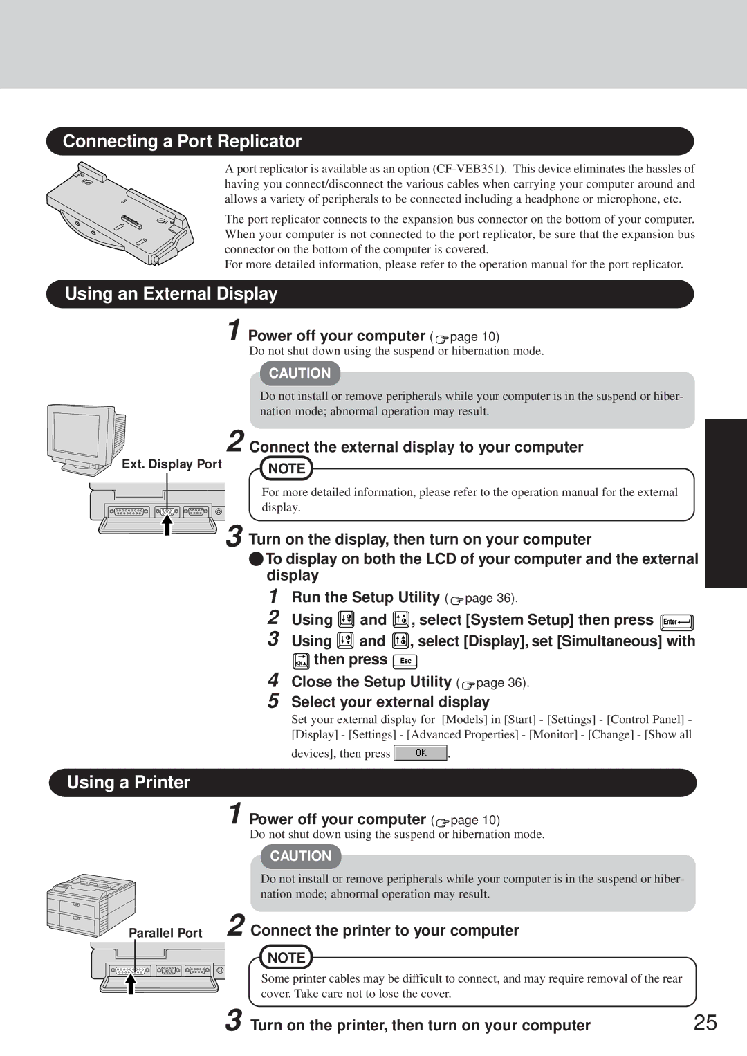 Panasonic CF-35 operating instructions Connecting a Port Replicator, Using an External Display, Using a Printer 