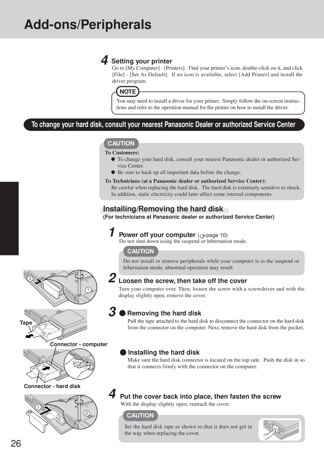 Panasonic CF-35 operating instructions Installing/Removing the hard disk 