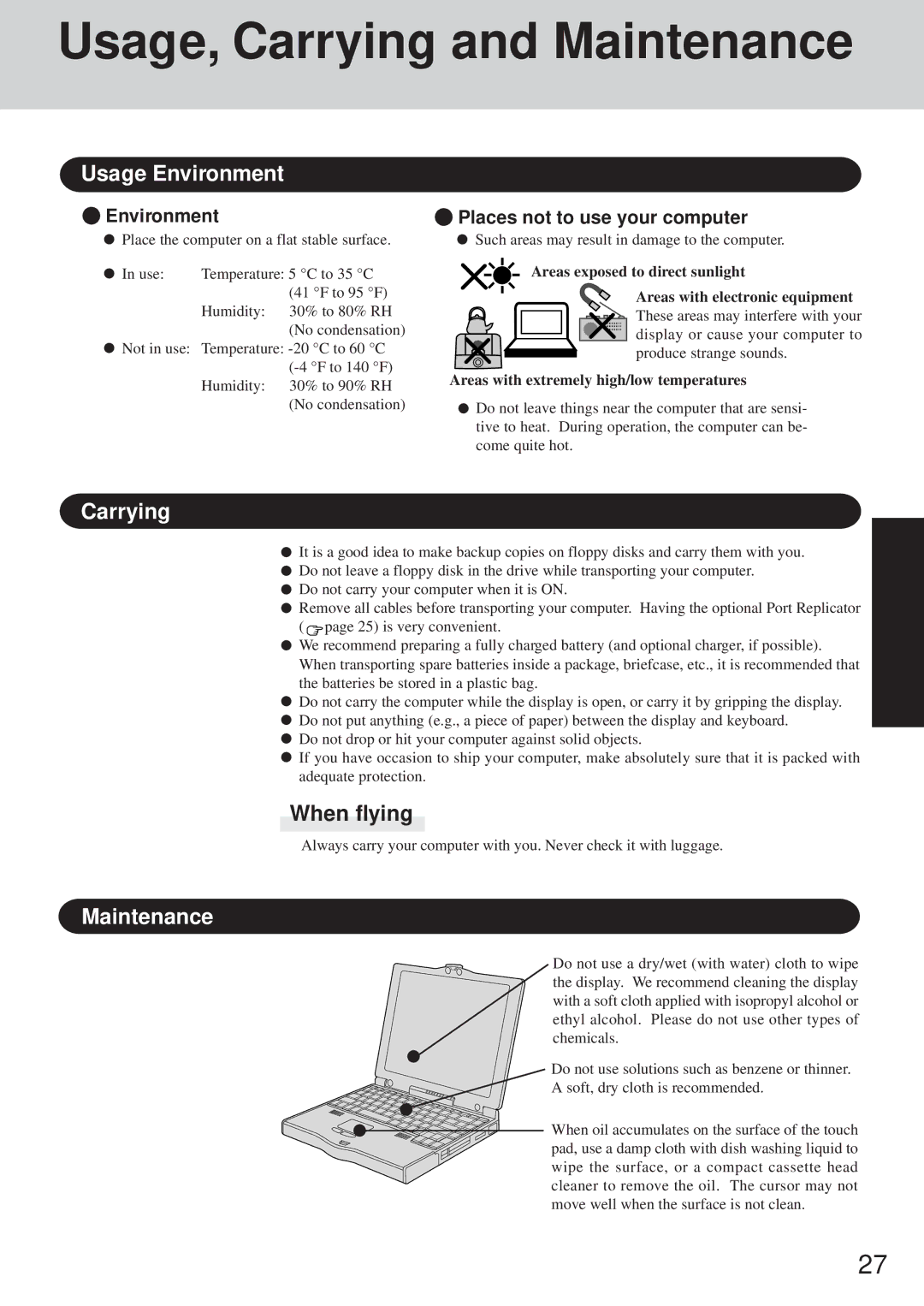 Panasonic CF-35 operating instructions Usage, Carrying and Maintenance, Usage Environment, When flying 