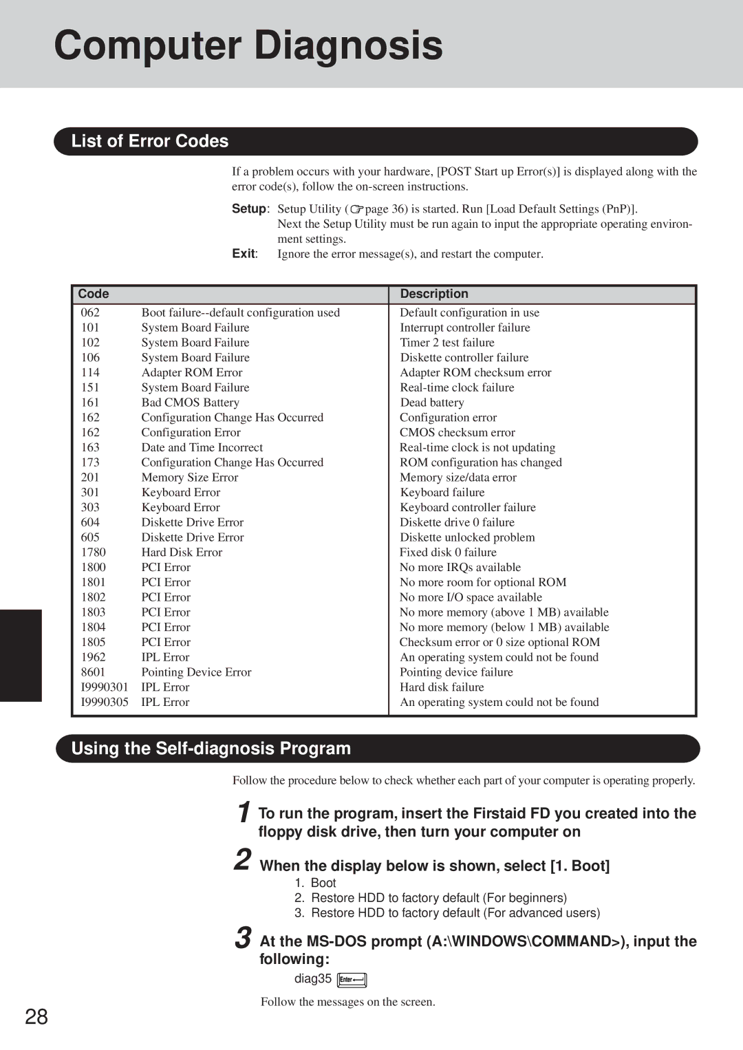 Panasonic CF-35 operating instructions Computer Diagnosis, List of Error Codes, Using the Self-diagnosis Program 