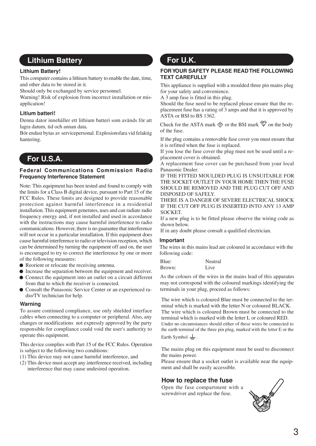 Panasonic CF-35 operating instructions Lithium Battery, For U.S.A, For U.K, How to replace the fuse 