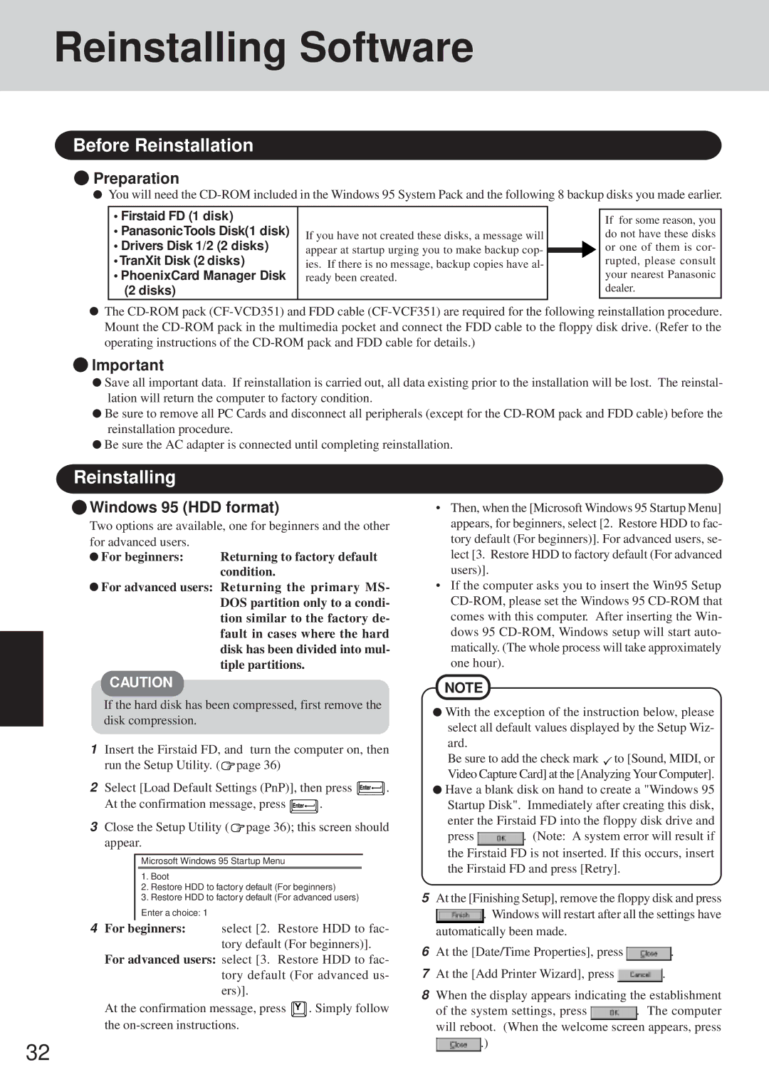 Panasonic CF-35 operating instructions Reinstalling Software, Before Reinstallation, Preparation, Windows 95 HDD format 