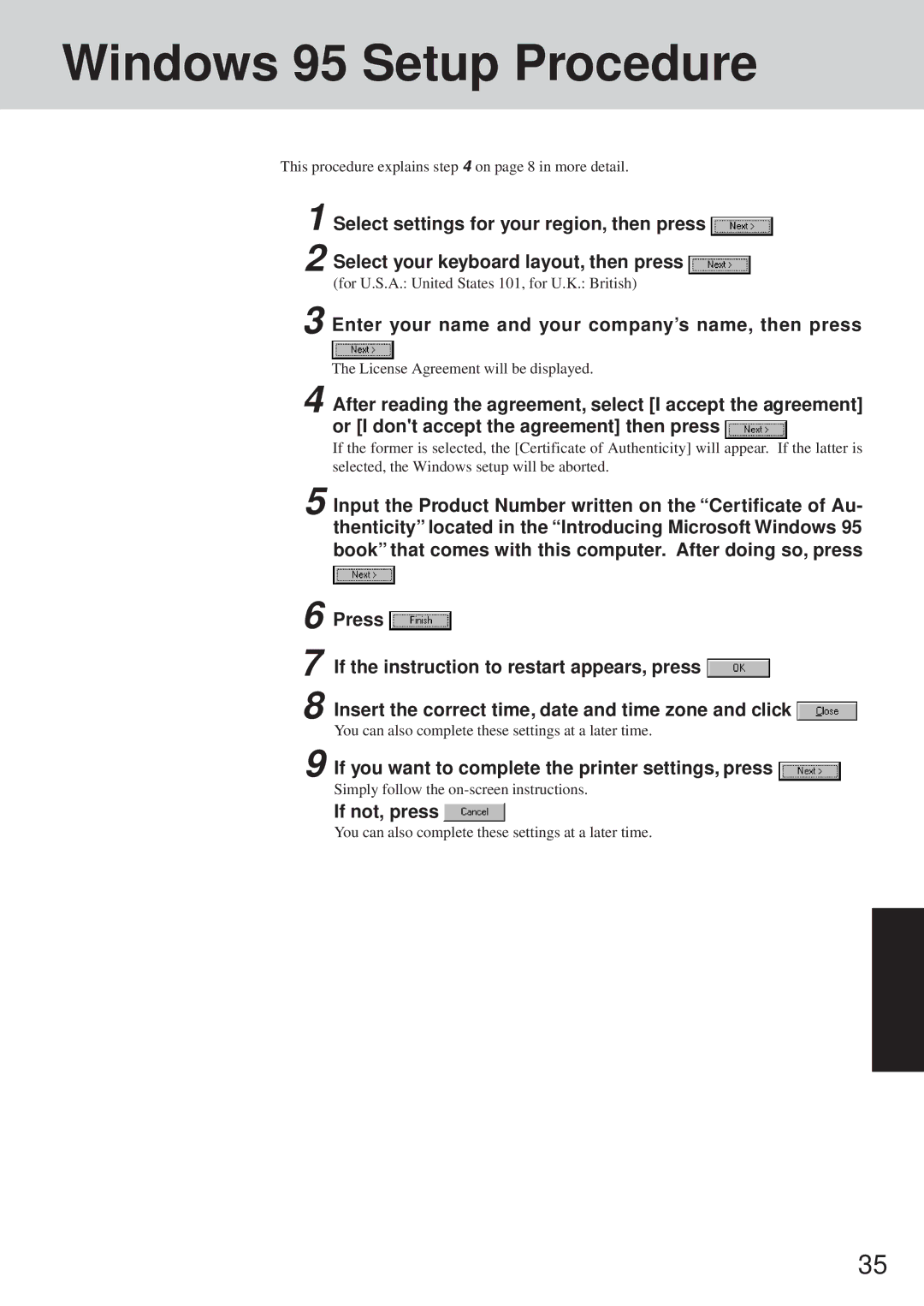 Panasonic CF-35 Windows 95 Setup Procedure, Enter your name and your company’s name, then press, If not, press 