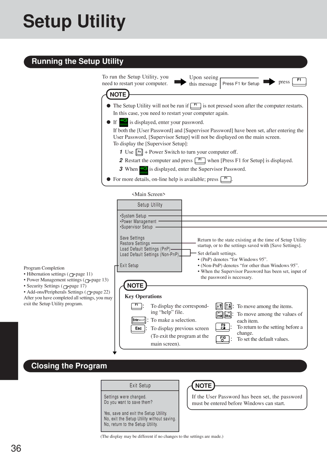 Panasonic CF-35 operating instructions Running the Setup Utility, Closing the Program, Key Operations 