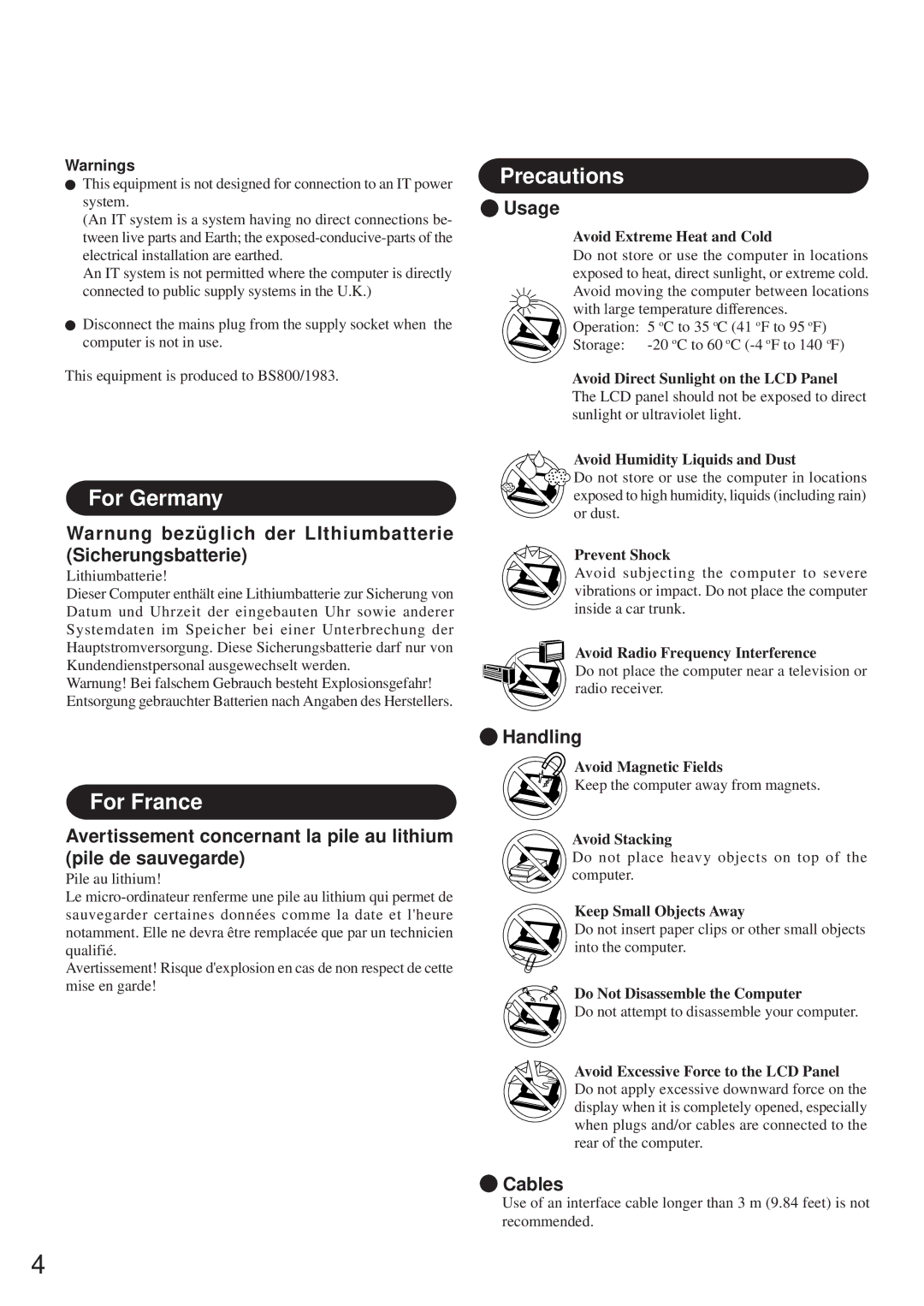 Panasonic CF-35 operating instructions For Germany, Precautions, For France 