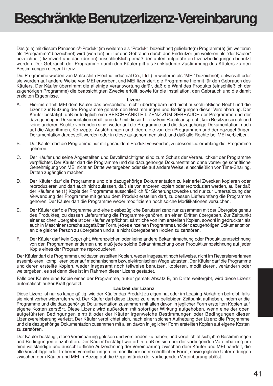 Panasonic CF-35 operating instructions Laufzeit der Lizenz 