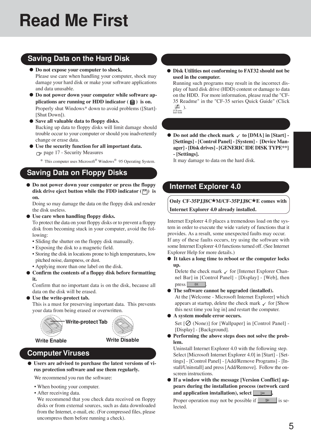 Panasonic CF-35 Read Me First, Saving Data on the Hard Disk, Saving Data on Floppy Disks, Computer Viruses 