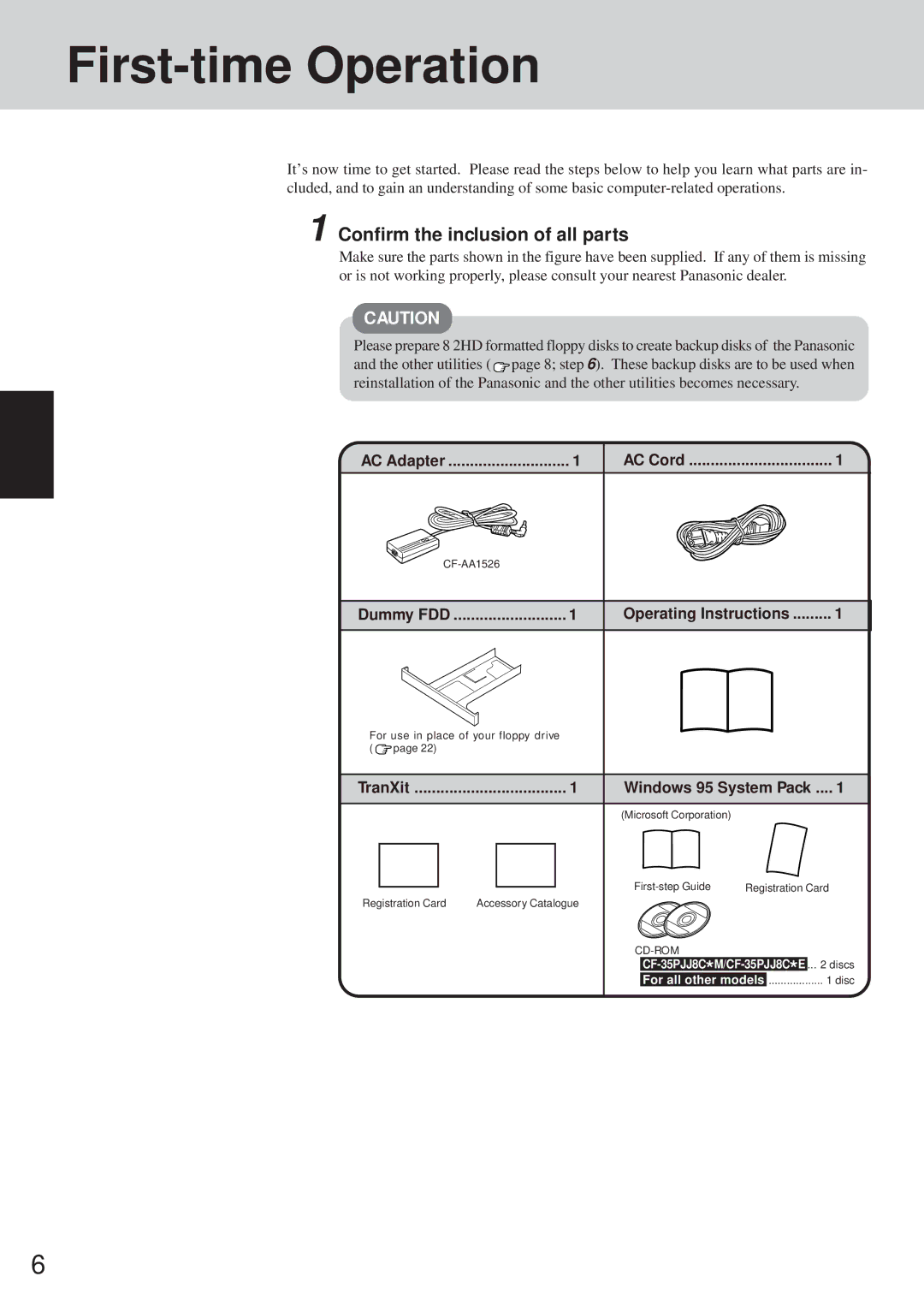 Panasonic CF-35 First-time Operation, Confirm the inclusion of all parts, Dummy FDD Operating Instructions 