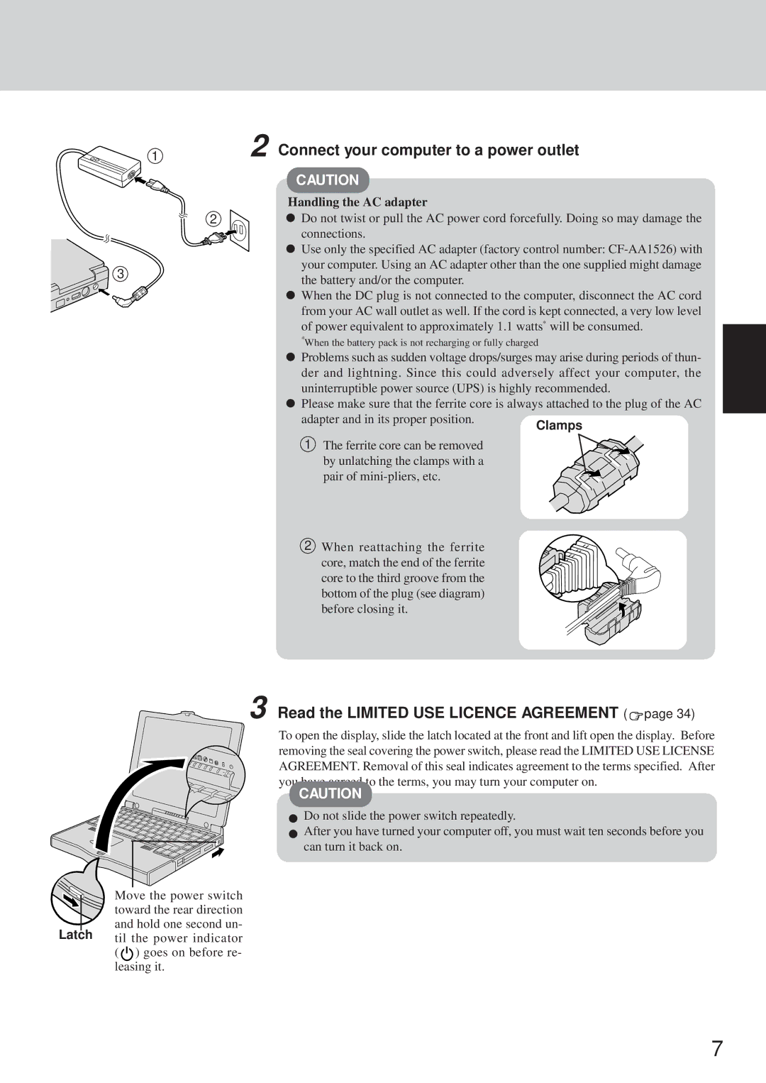 Panasonic CF-35 Connect your computer to a power outlet, Read the Limited USE Licence Agreement, Handling the AC adapter 