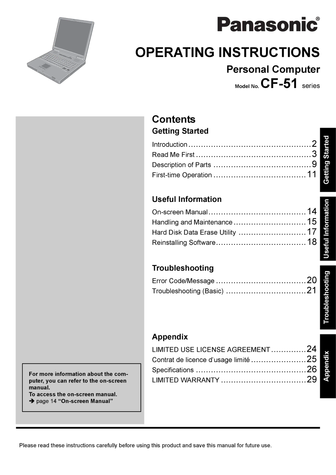 Panasonic CF-51 appendix Personal Computer, Contents 