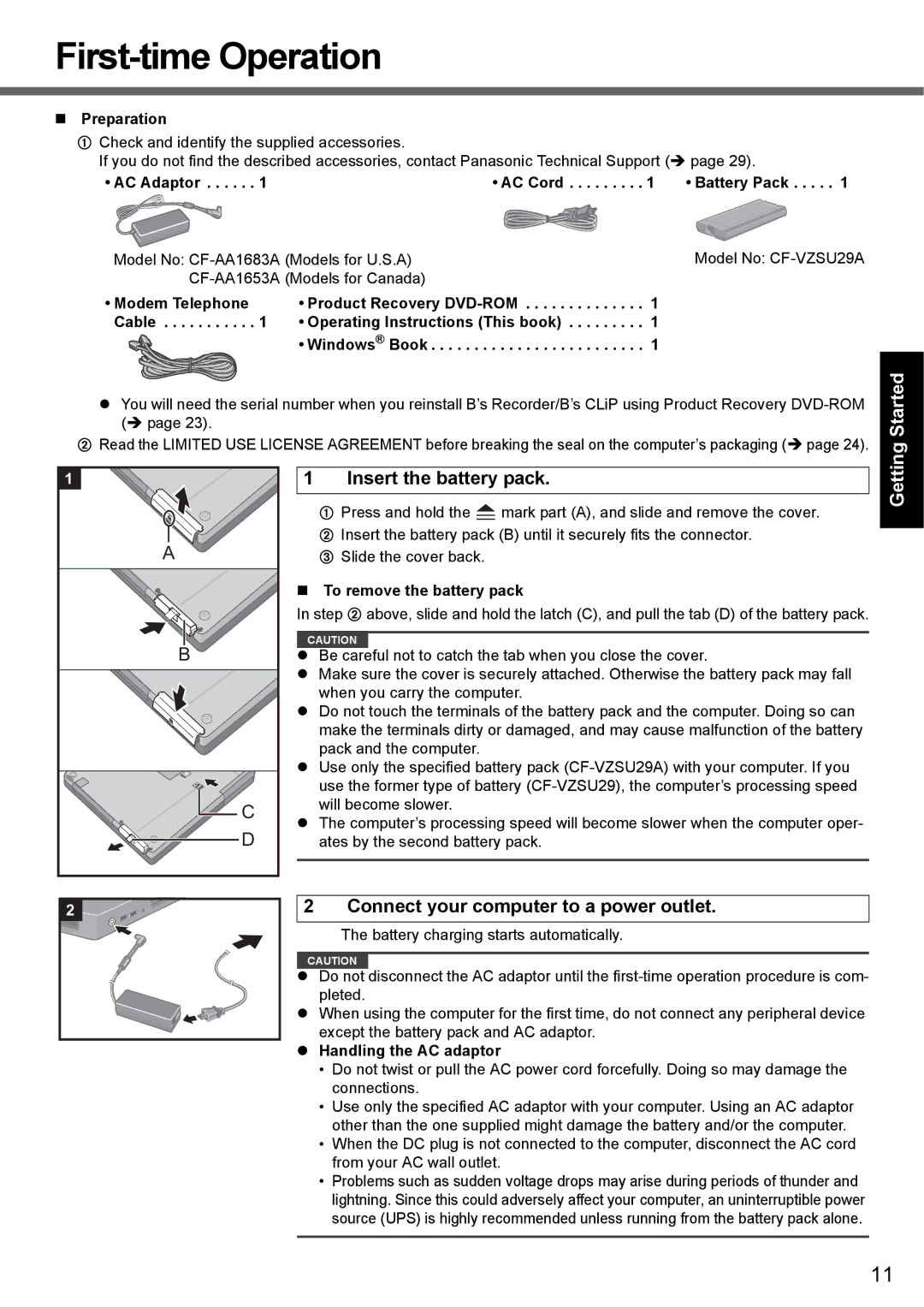 Panasonic CF-51 appendix First-time Operation, Insert the battery pack, Connect your computer to a power outlet 