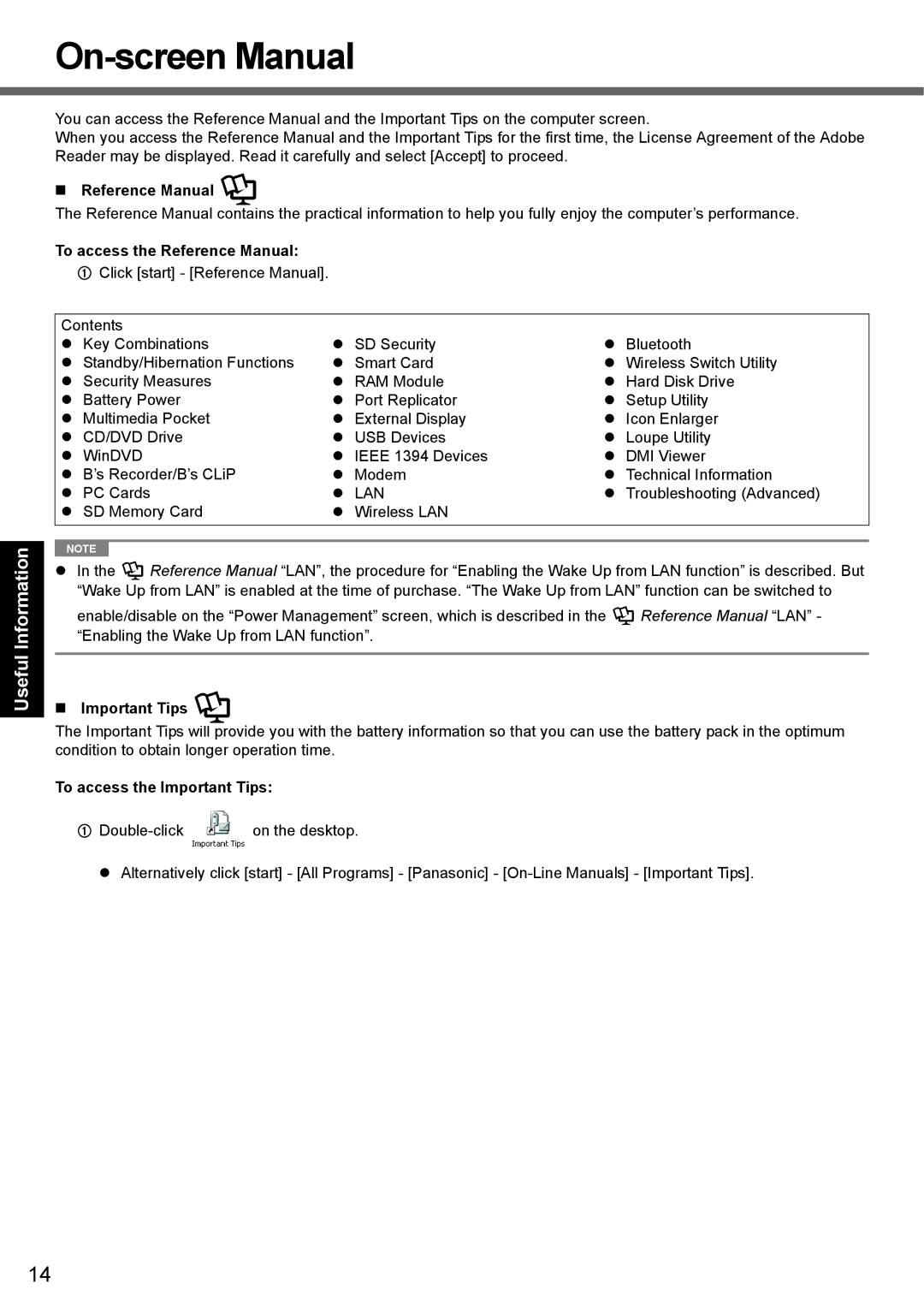 Panasonic CF-51 appendix On-screen Manual, „ Reference Manual, To access the Reference Manual, „ Important Tips 