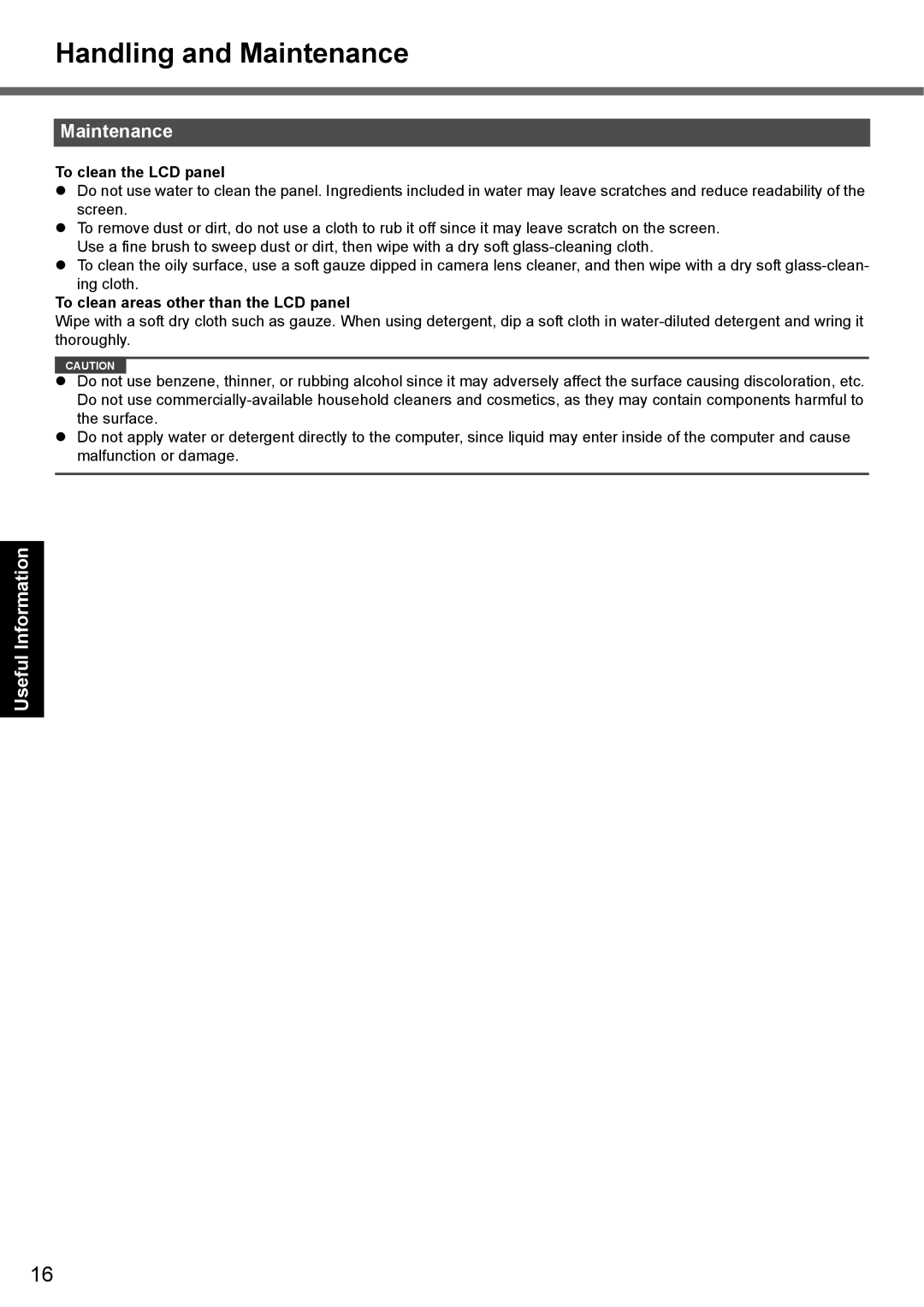 Panasonic CF-51 appendix Handling and Maintenance, To clean the LCD panel, To clean areas other than the LCD panel 