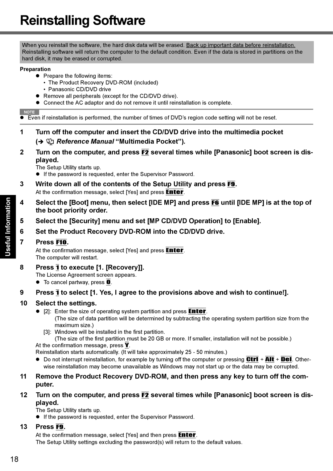 Panasonic CF-51 appendix Reinstalling Software, Press 1 to execute 1. Recovery, Press F9 