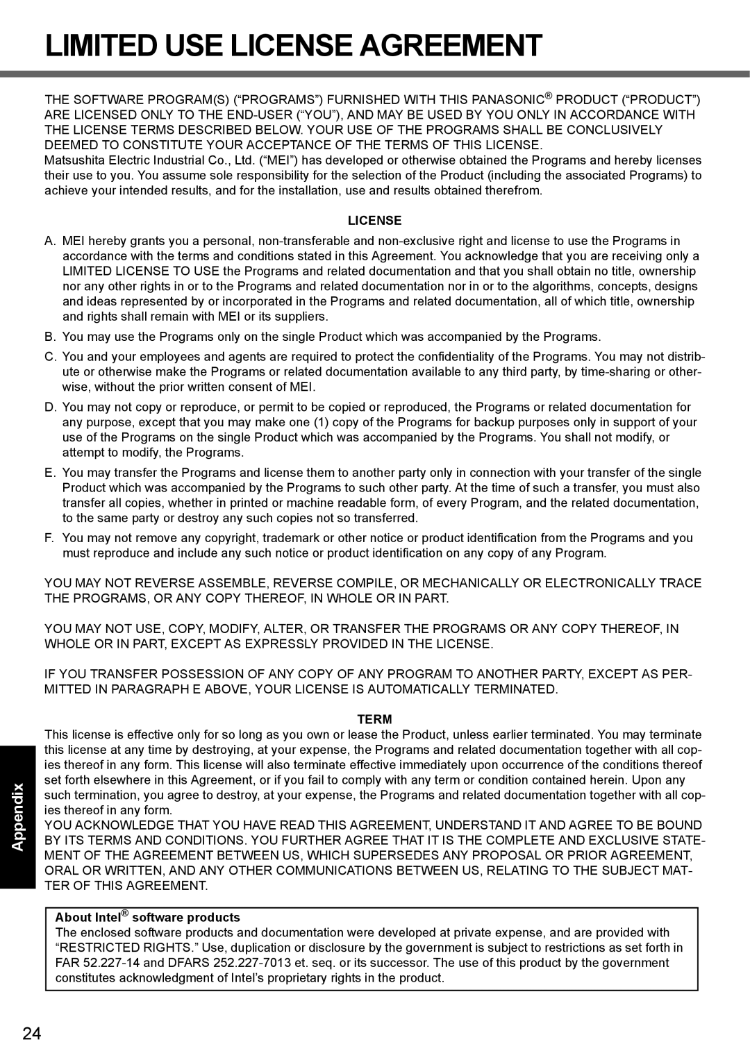 Panasonic CF-51 appendix License, Term, About Intel software products 