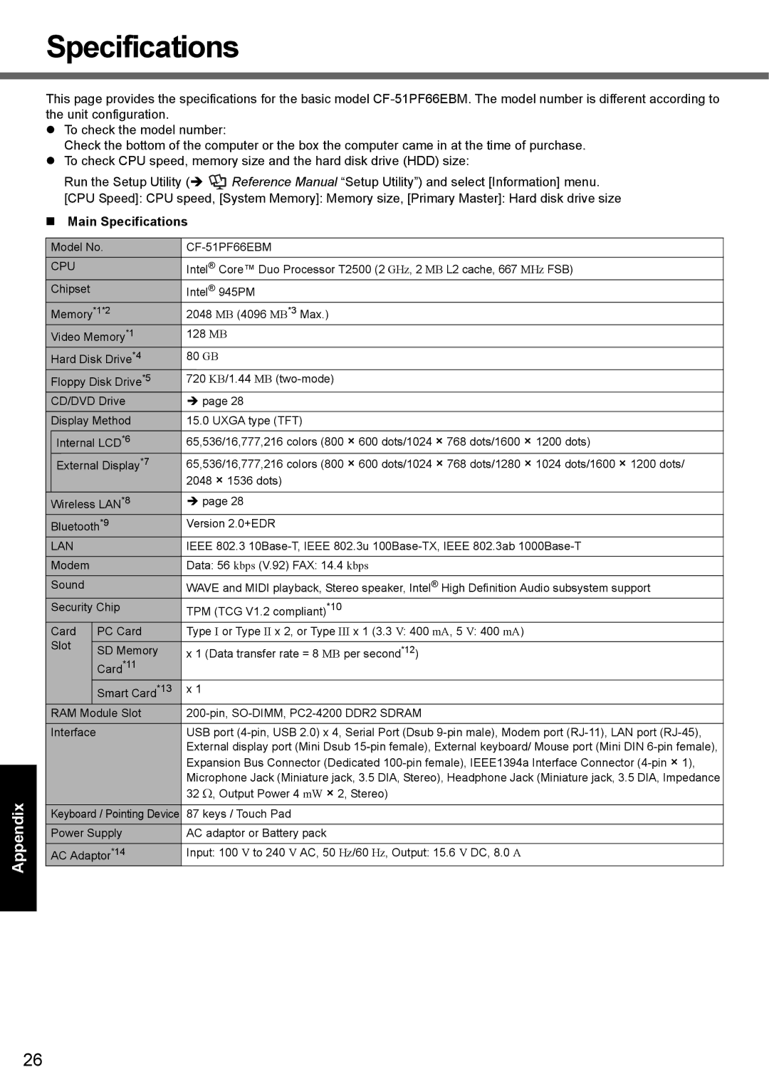 Panasonic CF-51 appendix „ Main Specifications 