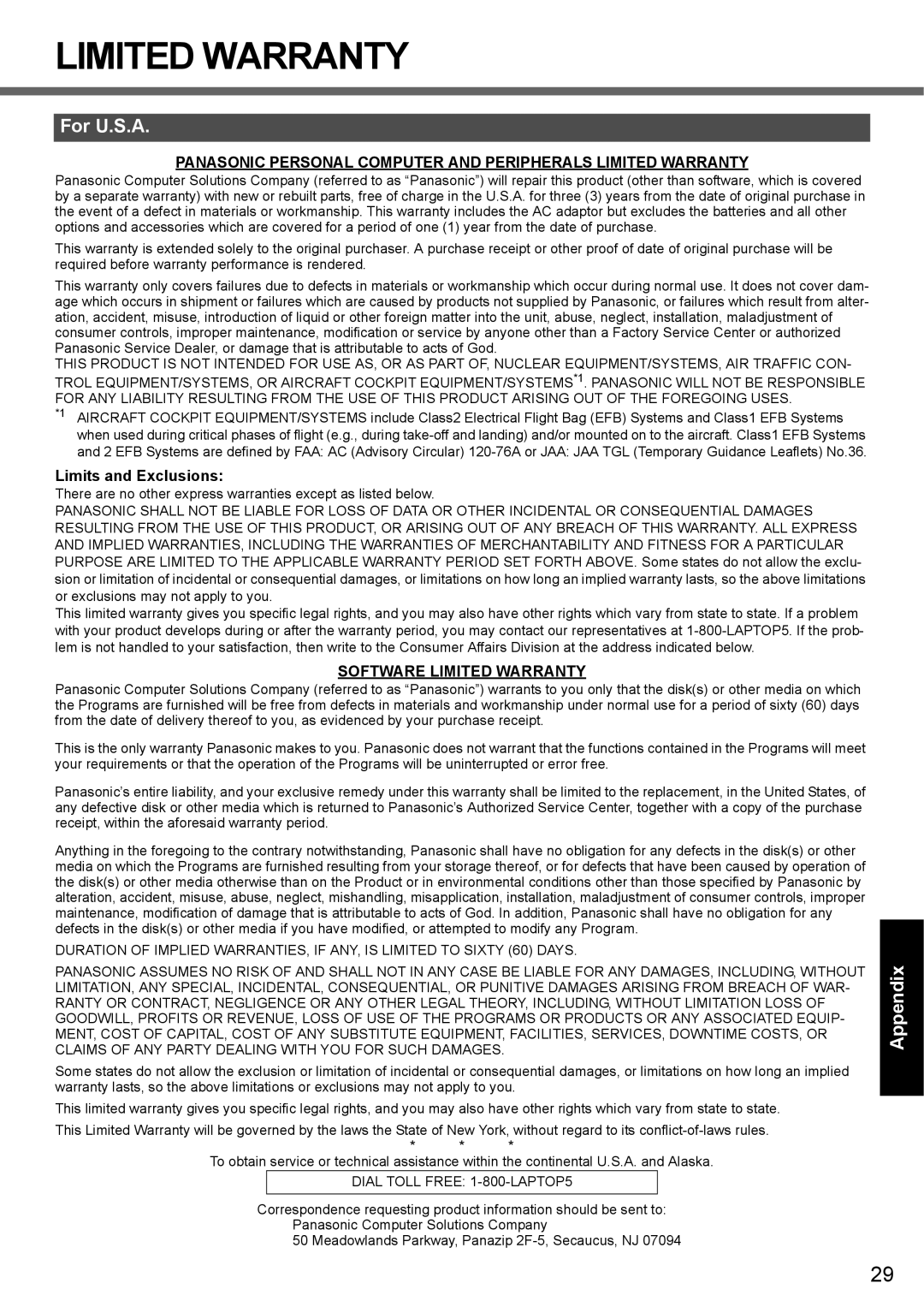 Panasonic CF-51 appendix For U.S.A, Limits and Exclusions, Software Limited Warranty 