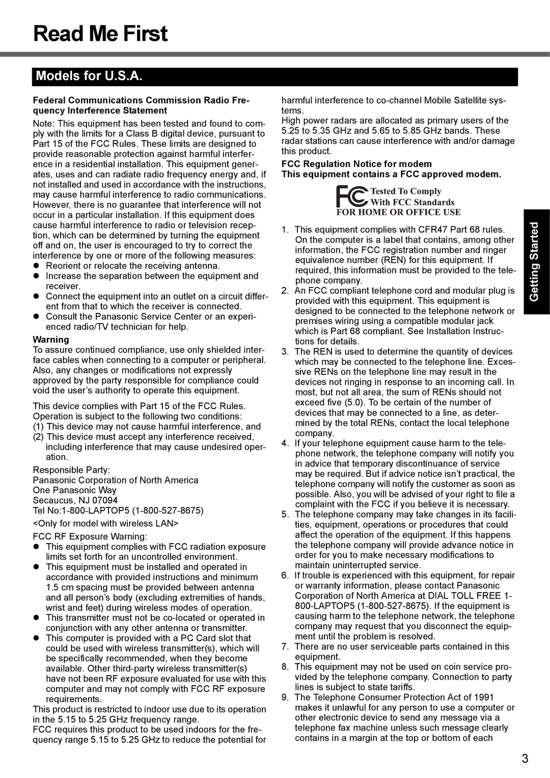 Panasonic CF-51 appendix Read Me First, Models for U.S.A 