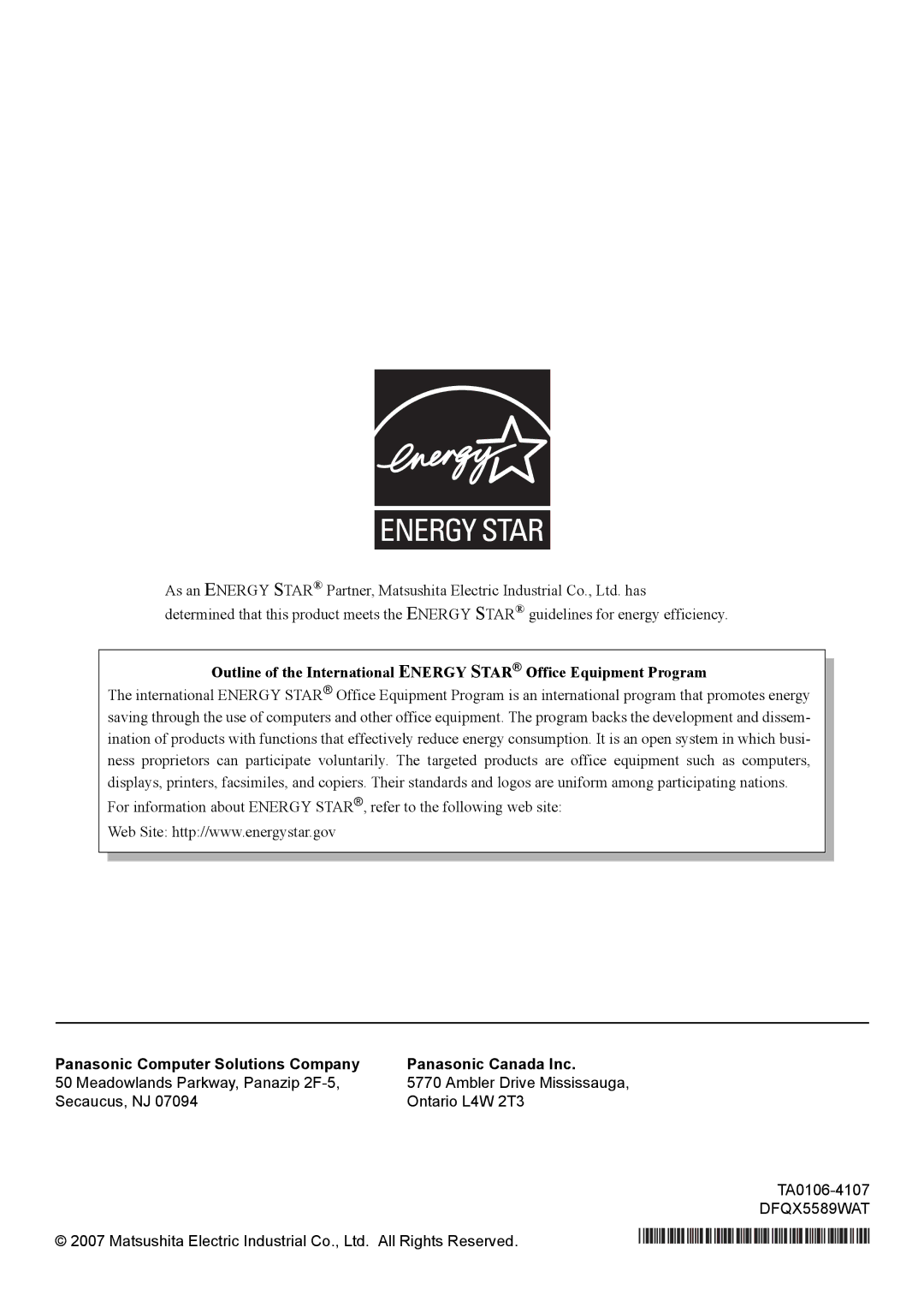 Panasonic CF-51 appendix Panasonic Computer Solutions Company Panasonic Canada Inc 