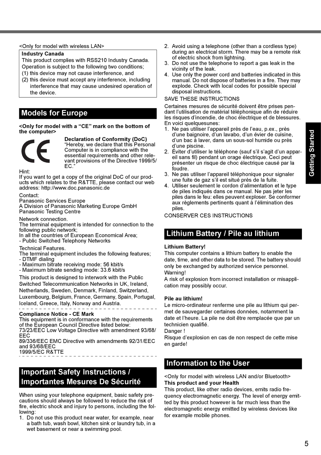 Panasonic CF-51 appendix Models for Europe, Lithium Battery / Pile au lithium, Information to the User 