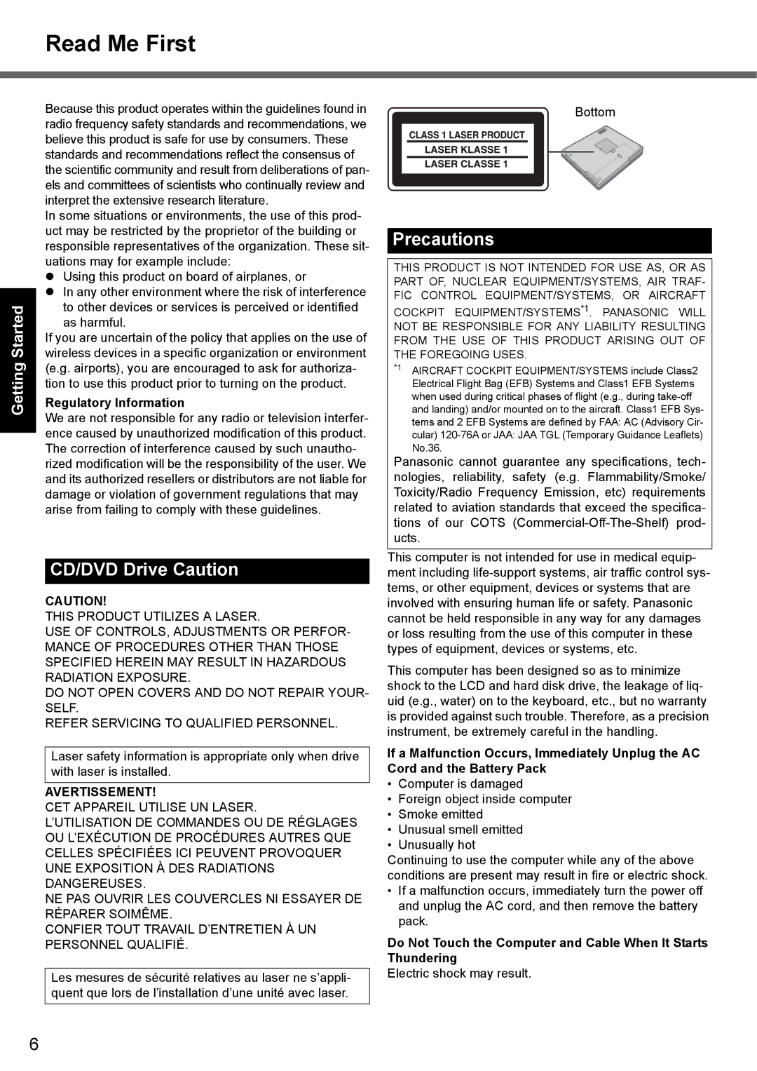 Panasonic CF-51 appendix CD/DVD Drive Caution, Precautions, Regulatory Information, Avertissement 