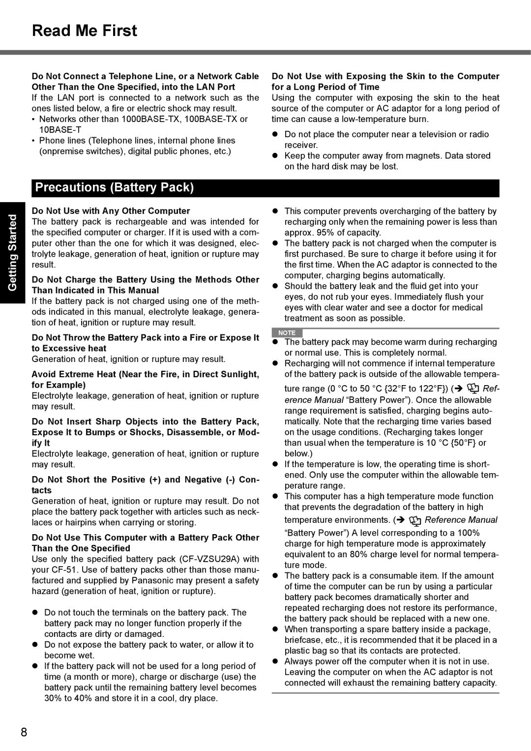 Panasonic CF-51 appendix Precautions Battery Pack, Do Not Use with Any Other Computer 