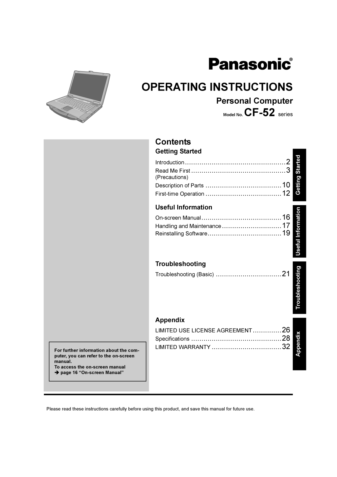 Panasonic CF-52 appendix Personal Computer, Contents 