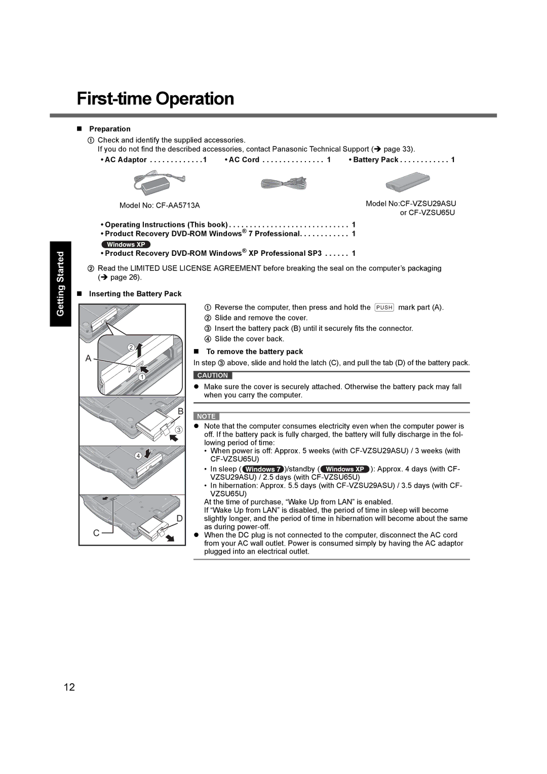 Panasonic CF-52 appendix First-time Operation, „ Preparation, „ Inserting the Battery Pack, „ To remove the battery pack 