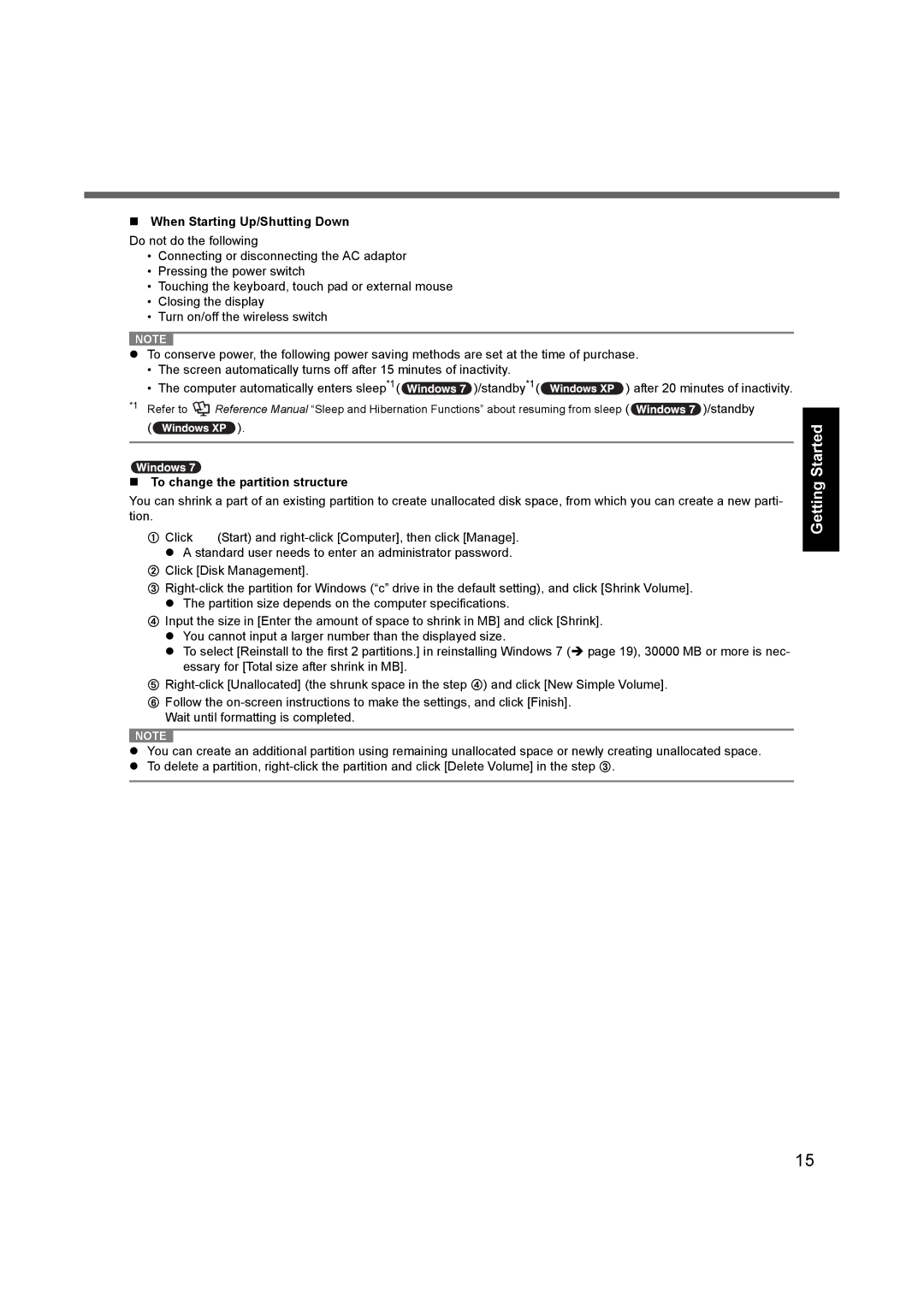 Panasonic CF-52 appendix „ When Starting Up/Shutting Down, „ To change the partition structure 