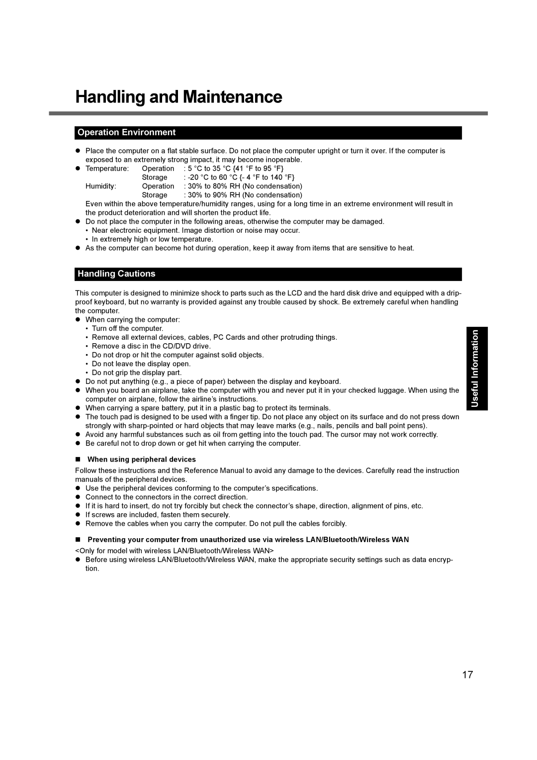 Panasonic CF-52 Handling and Maintenance, Operation Environment, Handling Cautions, „ When using peripheral devices 