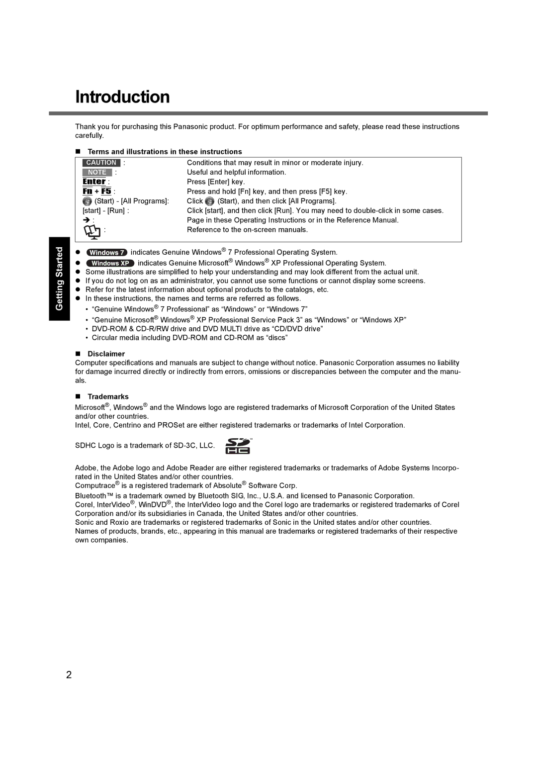 Panasonic CF-52 Introduction, Appendix Troubleshooting Useful Information Getting Started, „ Disclaimer, „ Trademarks 