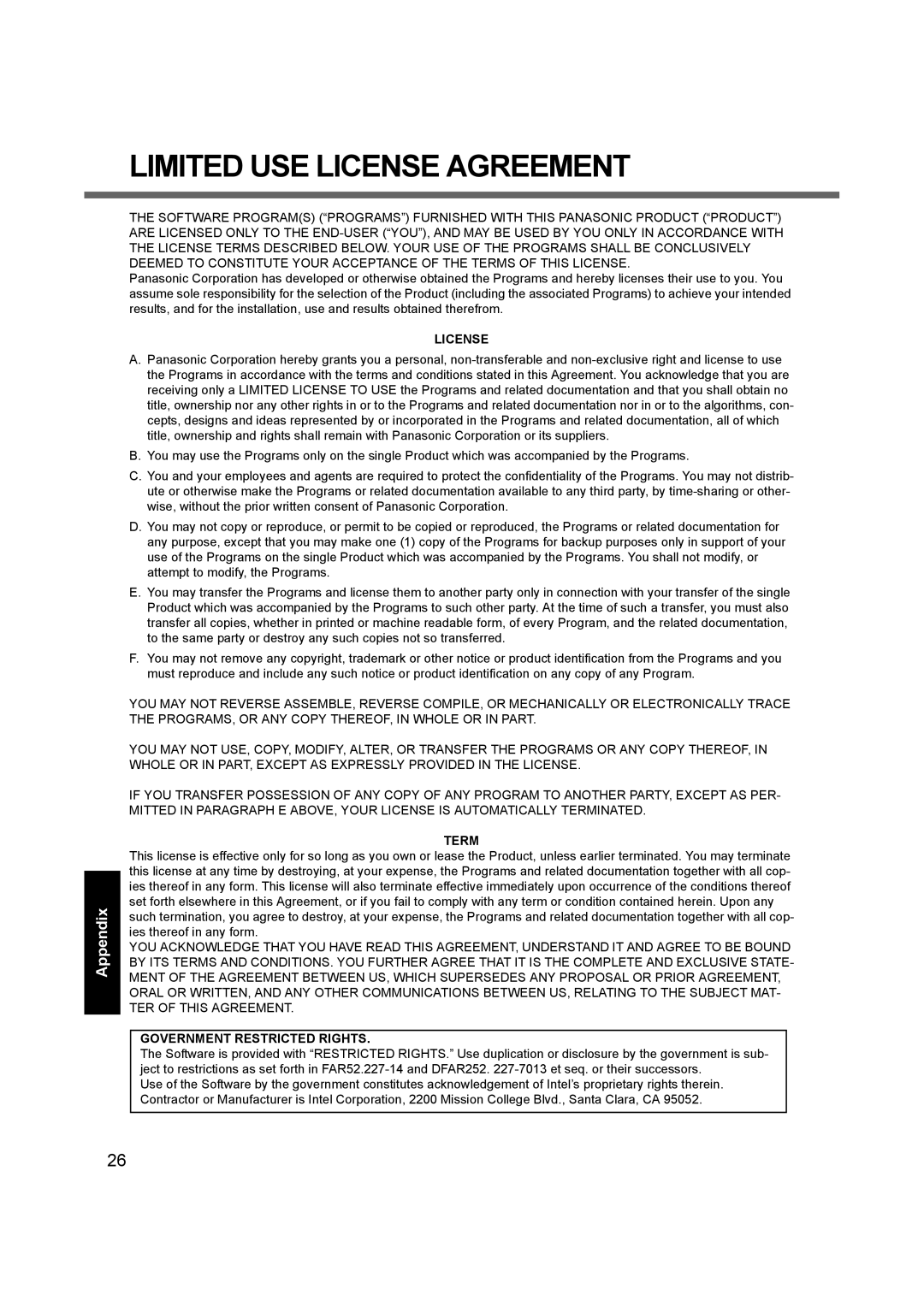 Panasonic CF-52 appendix License, Term, Government Restricted Rights 